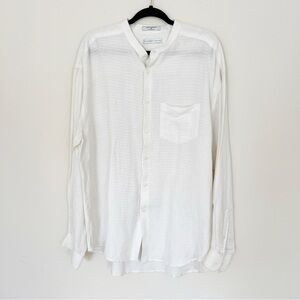 Geoffrey Beene Ivory White Linen Long Sleeve Button Down Shirt XL Band Collar
